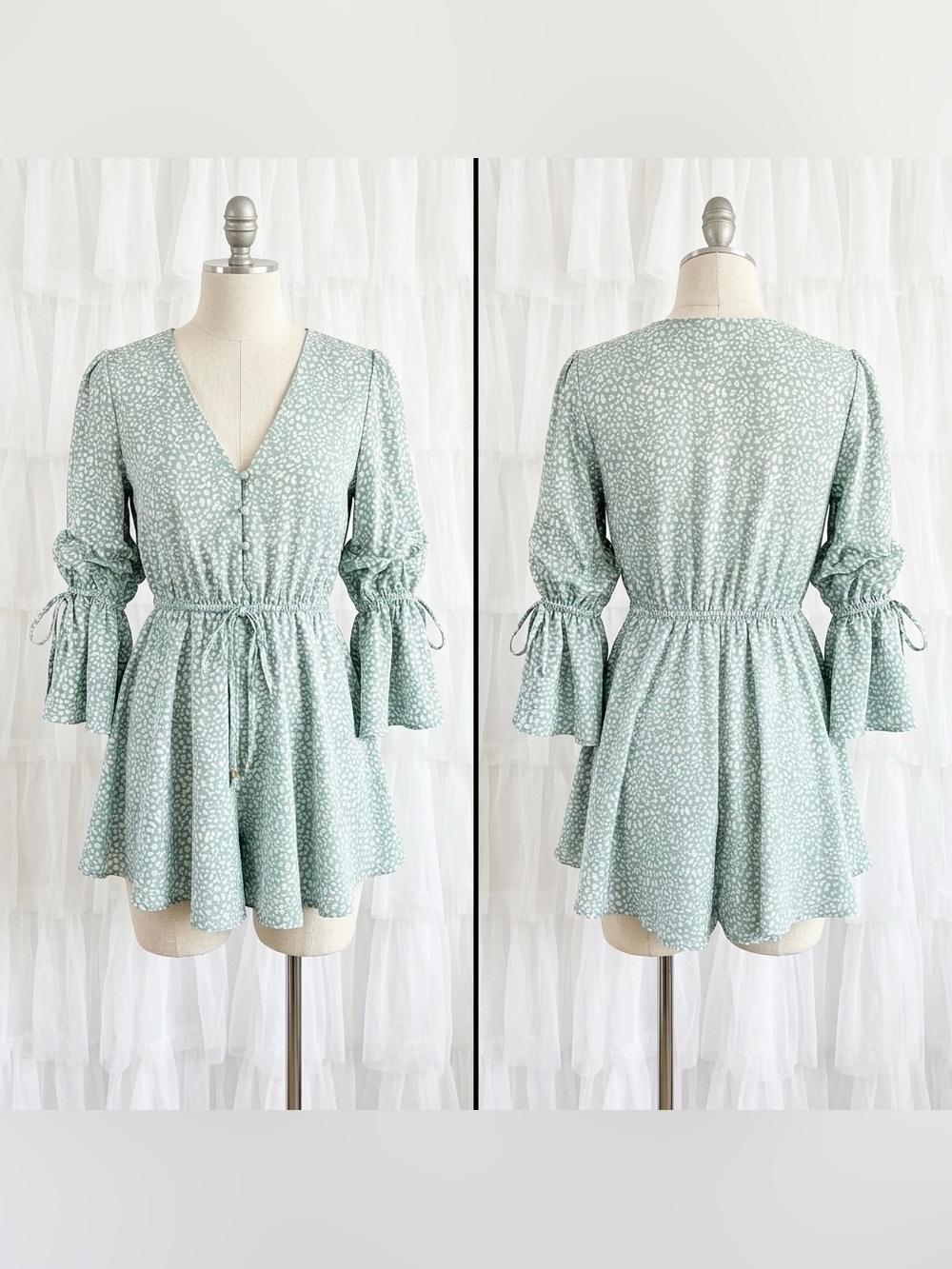 Princess Polly Women’s Pale Green Pattern Flowy Cierra Mid Sleeve Romper Size 4 - Picture 3 of 12